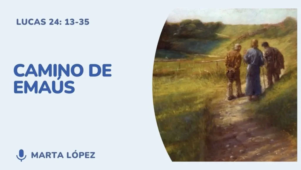 Representació del camí d’Emaús amb Jesús caminant amb dos deixebles Descripció: Imatge inspirada en el relat bíblic de Lluc 24:13-35 sobre el camí d’Emaús, en què Jesús ressuscitat acompanya dos deixebles desconcertats.