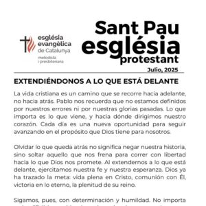 Boletín julio de la Església Protestant Sant Pau con actividades y reflexiones