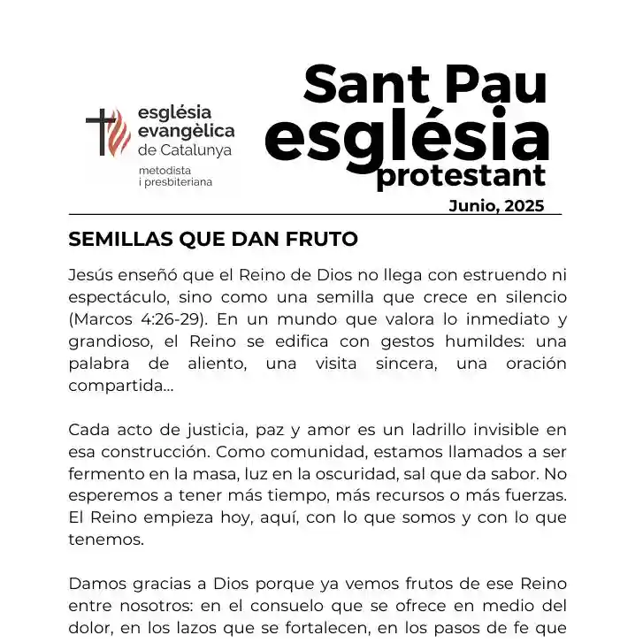 Boletín junio Església Protestant Sant Pau con propuestas y reflexiones