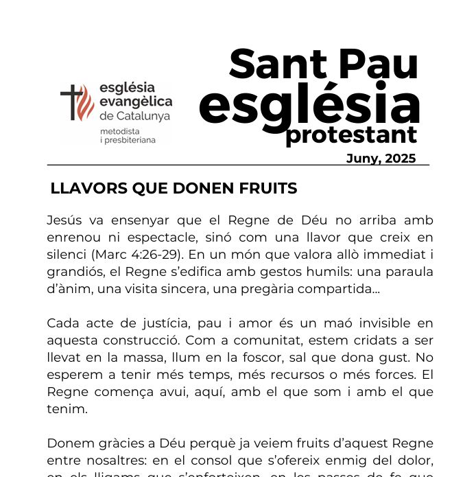 Butlletí de juny de l’Església Protestant Sant Pau amb propostes i reflexions