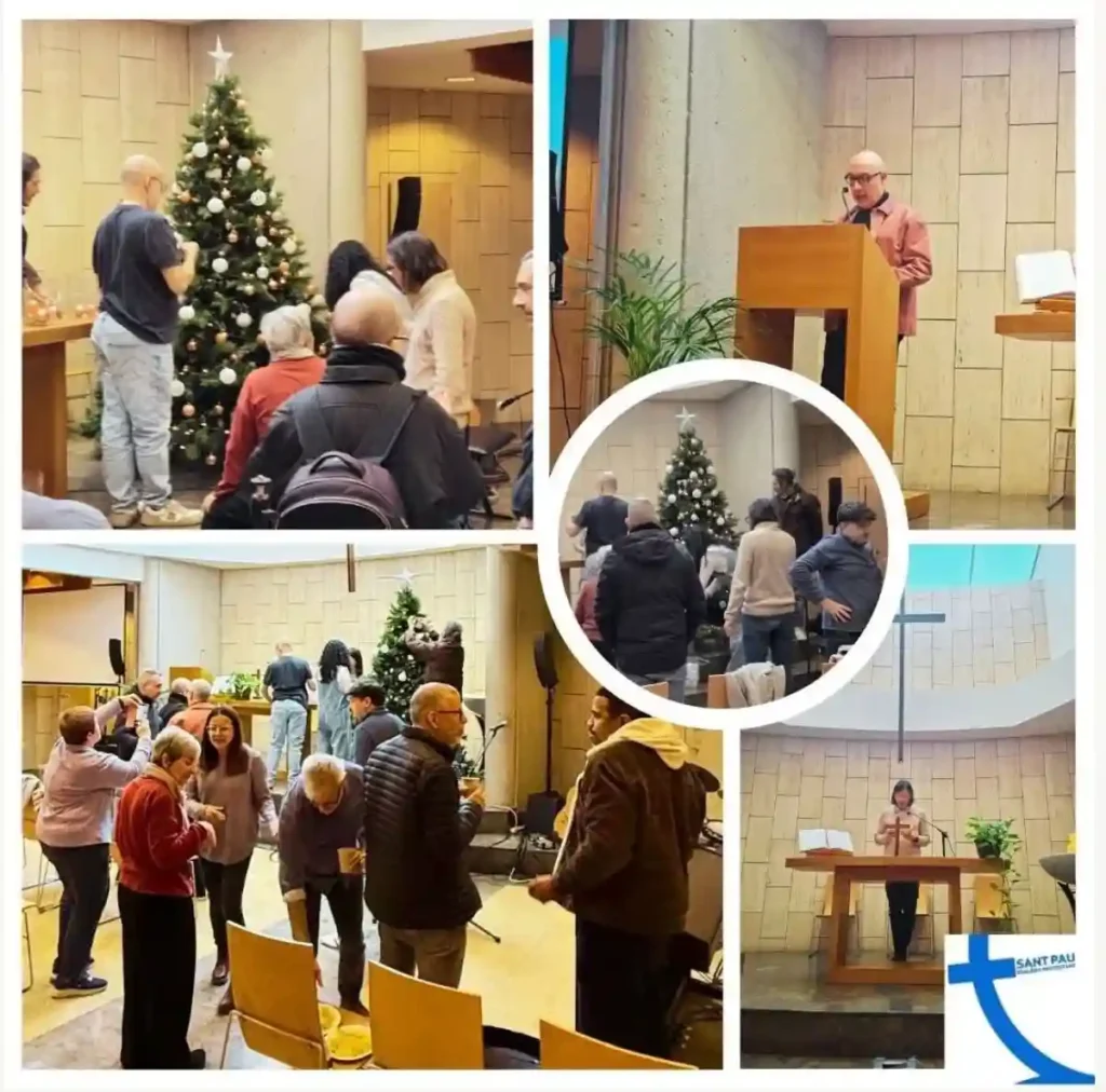 Collage de momentos comunitarios durante la preparación navideña en la Iglesia Protestant Sant Pau