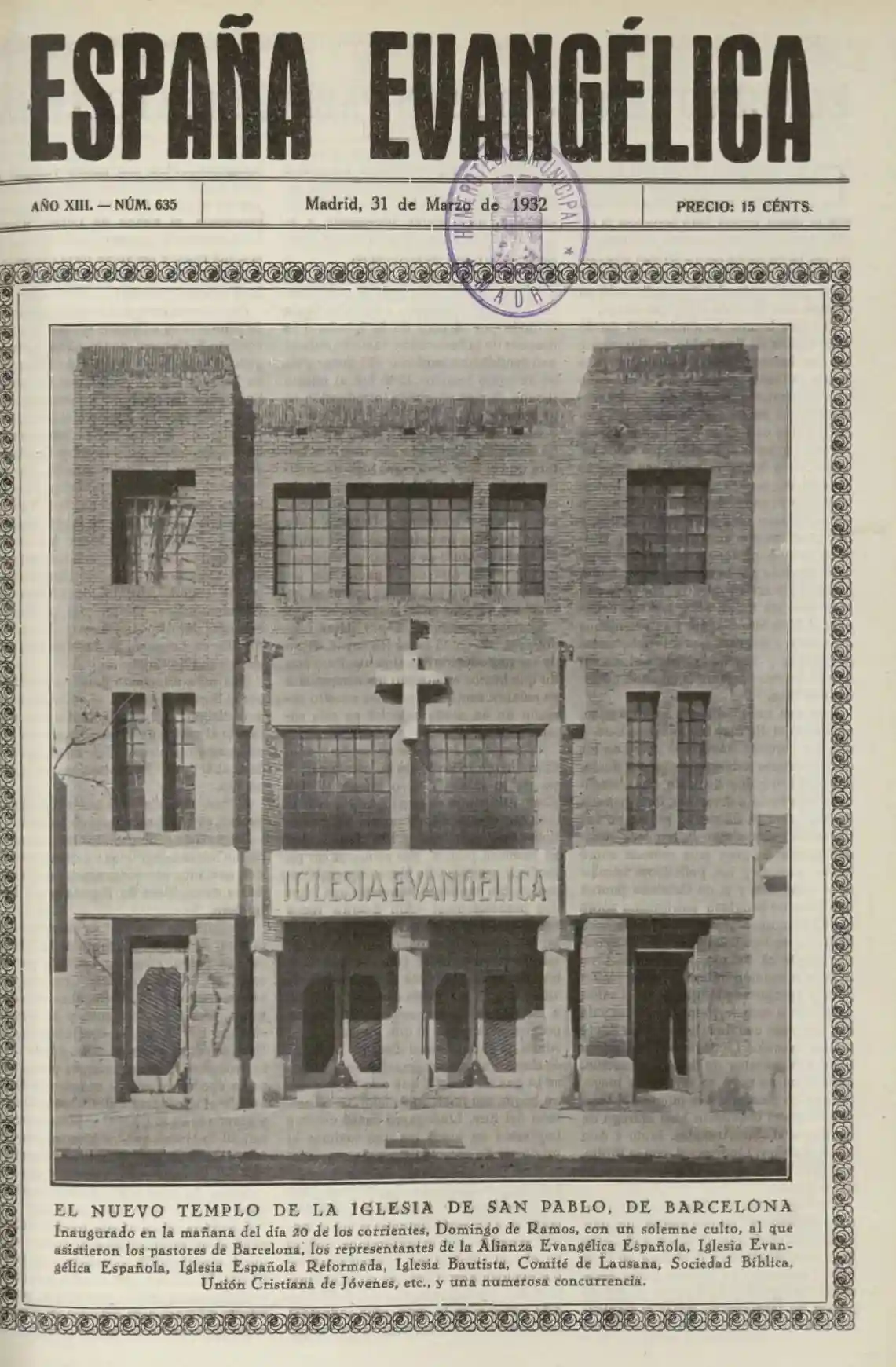 Notícia de la inauguració del temple del carrer Aragó publicada a España Evangélica (1932)