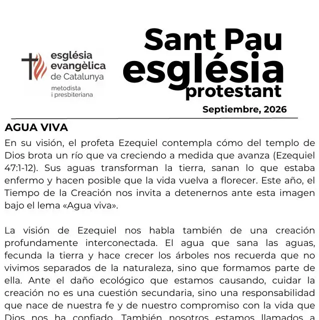 Boletín de septiembre de 2026 de la Església Protestant Sant Pau con la reflexión «Agua viva» sobre Ezequiel 47.