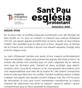 Butlletí de setembre de 2026 de l’Església Protestant Sant Pau amb la reflexió «Aigua viva» sobre Ezequiel 47.