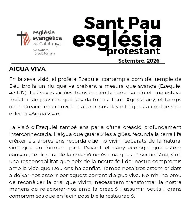 Butlletí de setembre de 2026 de l’Església Protestant Sant Pau amb la reflexió «Aigua viva» sobre Ezequiel 47.