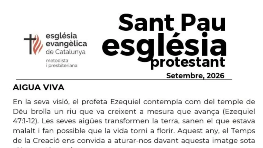 Butlletí de setembre de 2026 de l’Església Protestant Sant Pau amb la reflexió «Aigua viva» sobre Ezequiel 47.