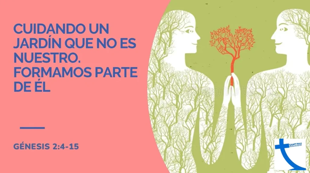 Ilustración de dos personas unidas por árboles y un jardín compartido, sobre el cuidado de la creación