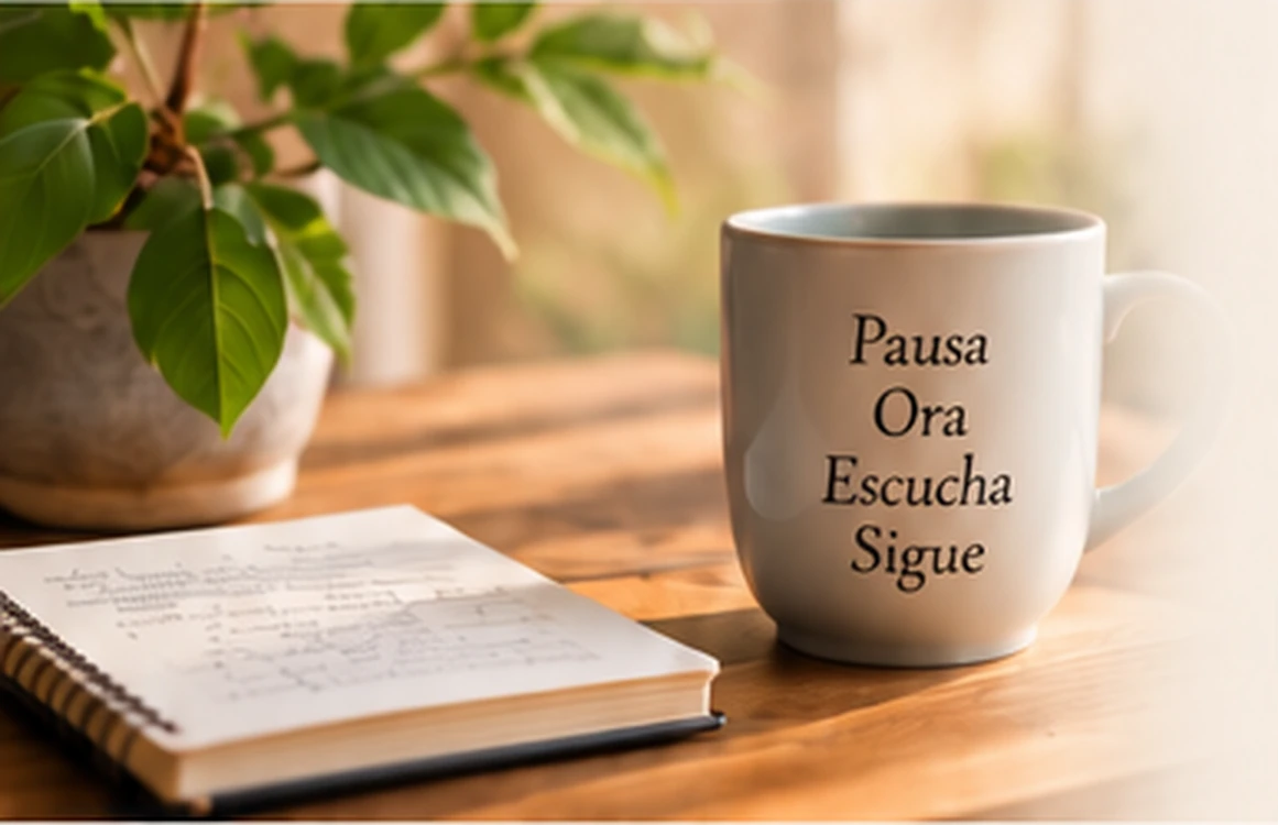 Biblia, cuaderno y una taza en un espacio tranquilo de lectura