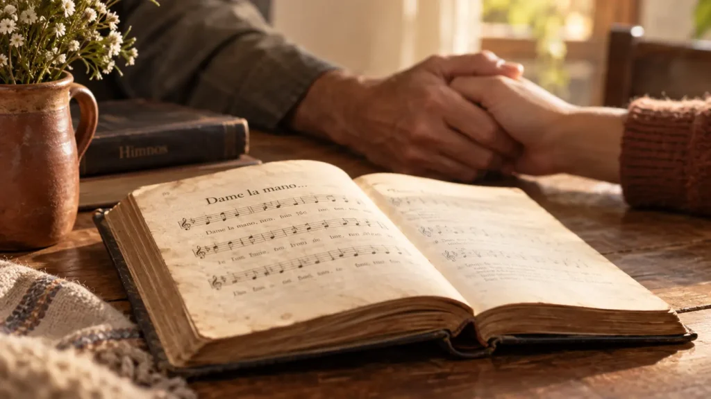 Historia del corito «No me importa a la iglesia que vayas» Himnario abierto con un antiguo canto cristiano mientras dos personas se dan la mano.
