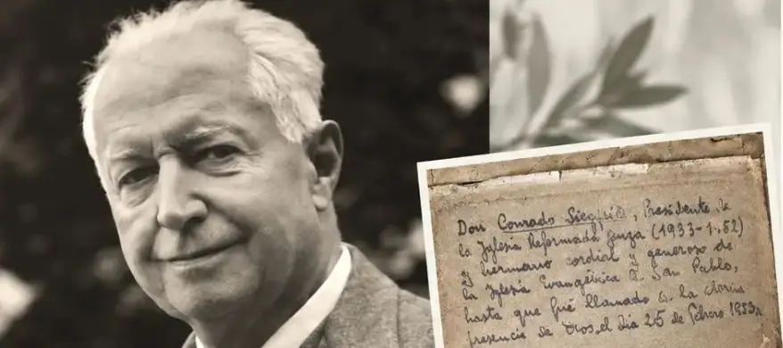 Fotografia de Conrado Siegfried amb dedicatòria, vinculat al suport de la comunitat suïssa a Sant Pau.