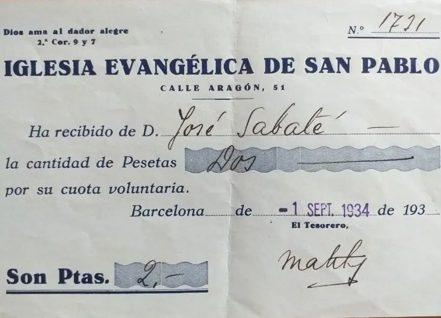 Rebut de 1934 de la Iglesia Evangélica de San Pablo, amb l’adreça del carrer d’Aragó, 51, Barcelona.