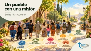 Ilustración de personas caminando juntas por una calle mediterránea, símbolo de comunidad y misión compartida.